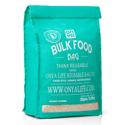 Single Onya large reusable bulk food bag with a clear viewing window and printed tare weight on a clean white background, available in Australia in aqua variant.