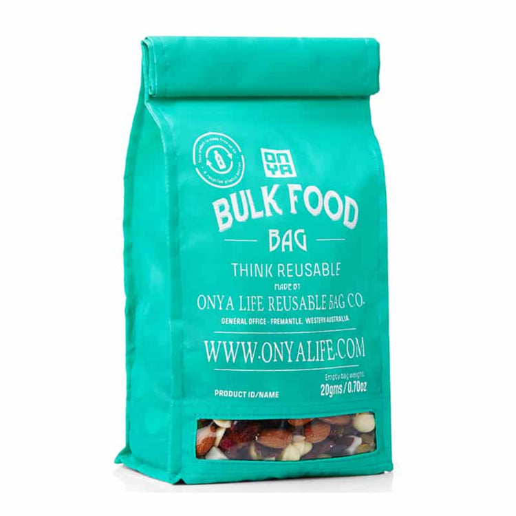 Single Onya medium reusable bulk food bag with a clear viewing window and printed tare weight on a clean white background, available in Australia in aqua variant.