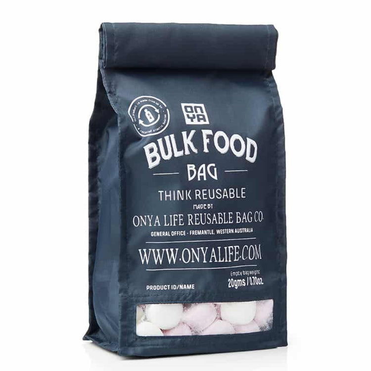 Single Onya medium reusable bulk food bag with a clear viewing window and printed tare weight on a clean white background, available in Australia in charcoal variant.