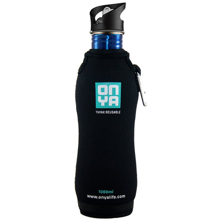 Onya premium non toxic neoprene drink bottle jacket featuring a heavy duty carabiner clip and secure top neck loop on a clean white background, available in Australia 1000ml size.