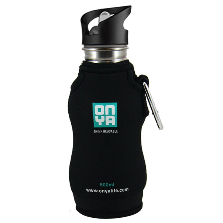 Onya premium non toxic neoprene drink bottle jacket featuring a heavy duty carabiner clip and secure top neck loop on a clean white background, available in Australia 500ml size.