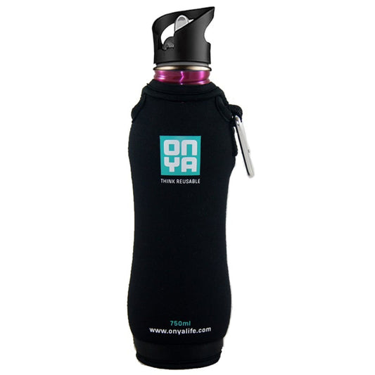 Onya premium non toxic neoprene drink bottle jacket featuring a heavy duty carabiner clip and secure top neck loop on a clean white background, available in Australia750ml size.