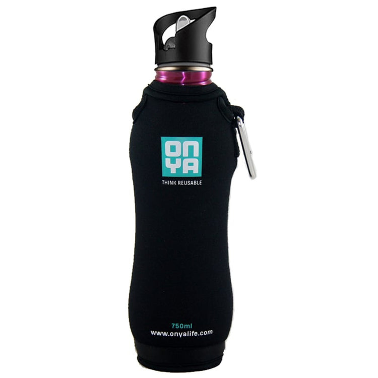 Onya premium non toxic neoprene drink bottle jacket featuring a heavy duty carabiner clip and secure top neck loop on a clean white background, available in Australia750ml size.