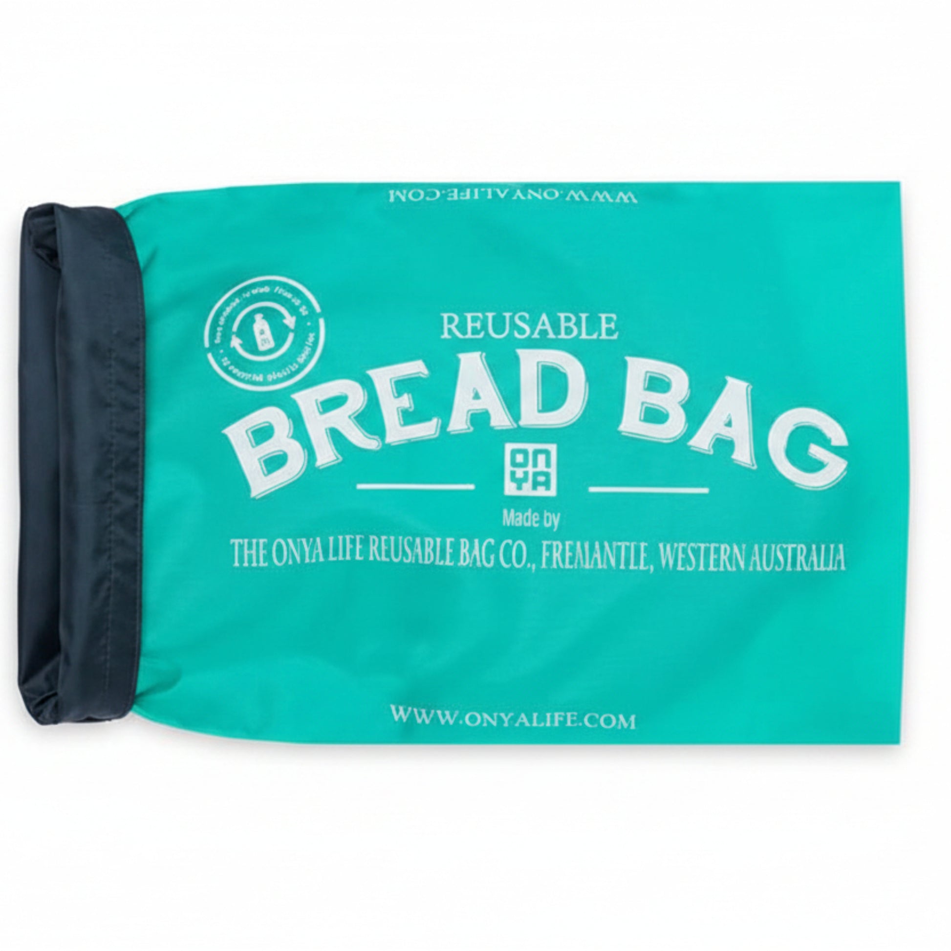 Single Onya reusable bread bag with an adjustable roll and clip closure mechanism on a clean white background, available in Australia in aqua variant.
