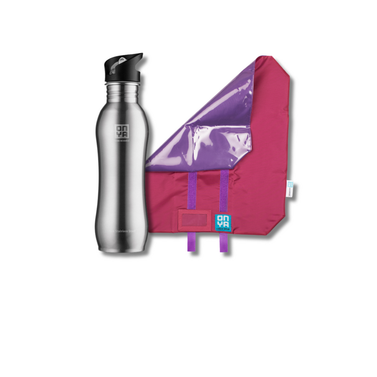 Onya reusable lunch kit featuring a color matched one thousand mil stainless steel drink bottle and a foldable fabric sandwich wrap on a clean white background, available in Australia, pink variant.