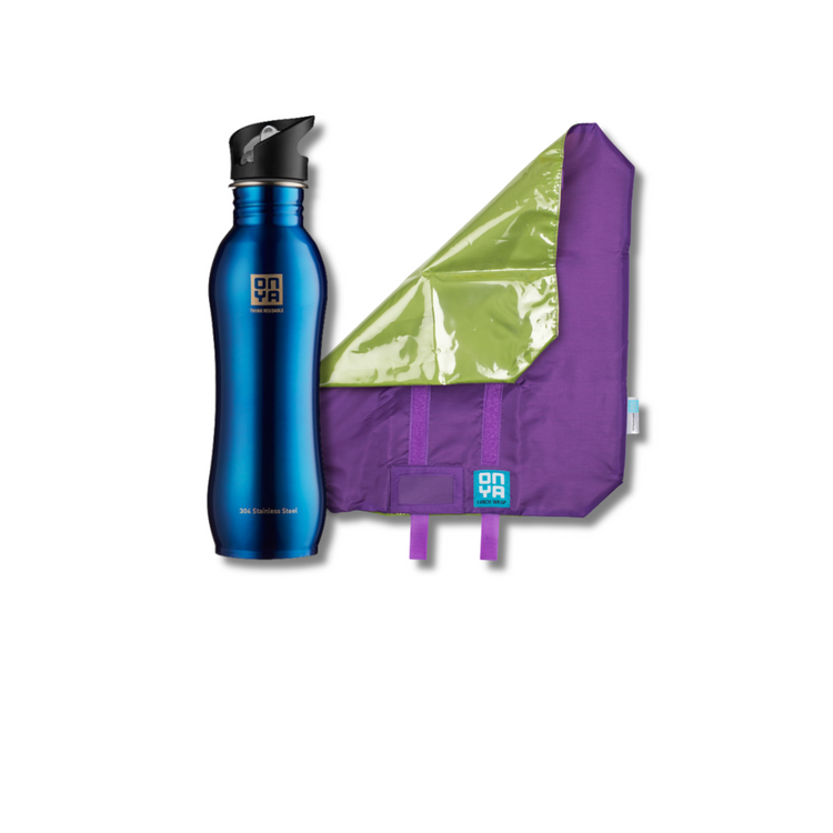 Onya reusable lunch kit featuring a color matched one thousand mil stainless steel drink bottle and a foldable fabric sandwich wrap on a clean white background, available in Australia, purple variant.
