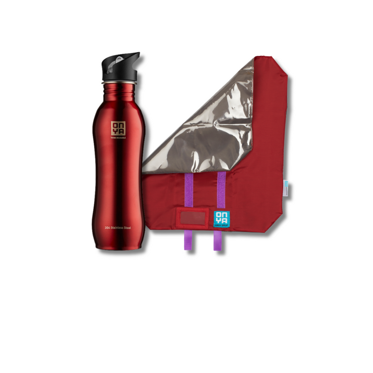 Onya reusable lunch kit featuring a color matched one thousand mil stainless steel drink bottle and a foldable fabric sandwich wrap on a clean white background, available in Australia, red variant.