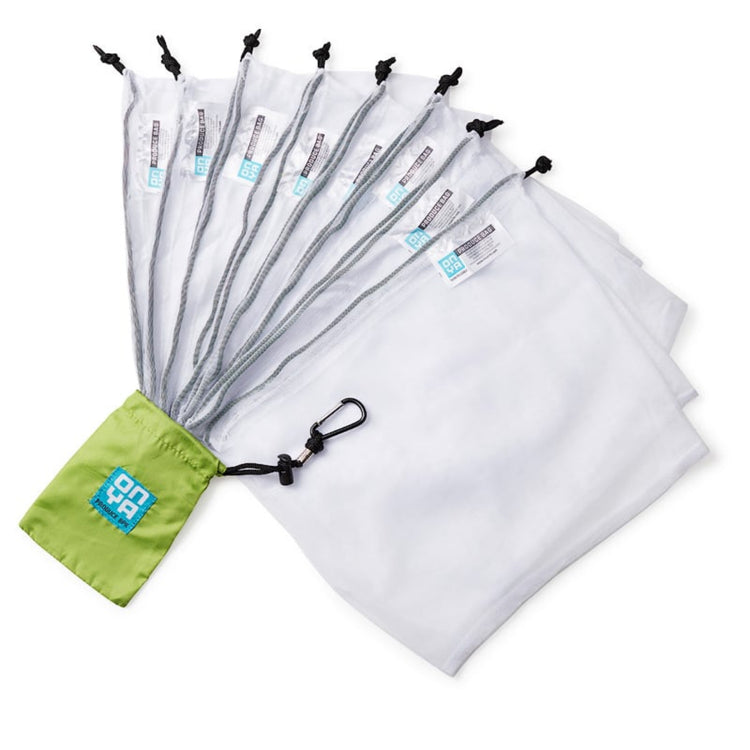 Onya reusable mesh produce bags pack featuring ultra lightweight rPET fruit and vegetable bags laid out next to their compact drawstring carry pouch on a clean white background, available in Australia in apple.