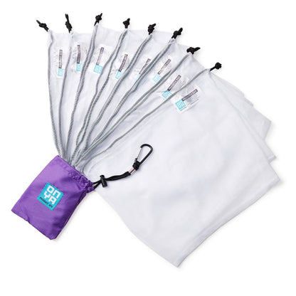 A set of ONYA reusable mesh produce bags, 100% rPET, see through mesh with draw string closure with small carry pouch in purple colour.