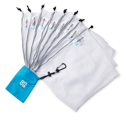 A set of ONYA reusable mesh produce bags, 100% rPET, see through mesh with draw string closure with small carry pouch in turquoise colour.