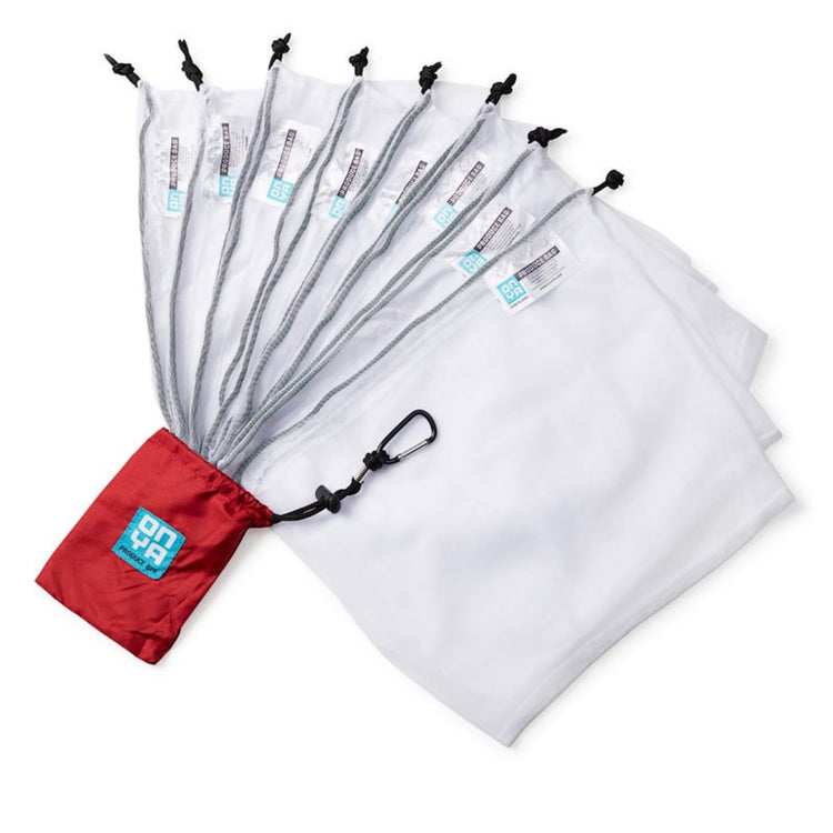 Onya reusable mesh produce bags pack featuring ultra lightweight rPET fruit and vegetable bags laid out next to their compact drawstring carry pouch on a clean white background, available in Australia in chilli.