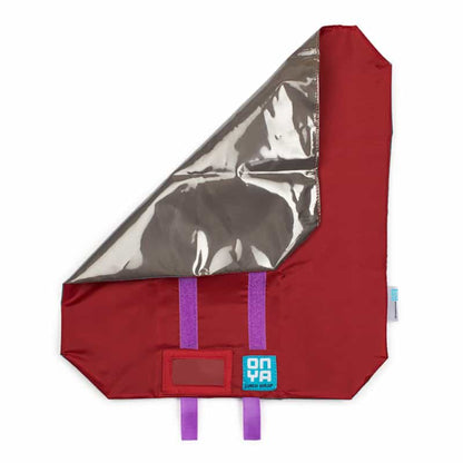 Single Onya reusable sandwich wrap neatly folded with hook and loop fastening straps on a clean white background, available in Australia, chilli variant.