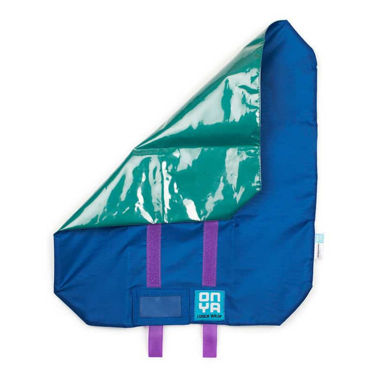 Single Onya reusable sandwich wrap neatly folded with hook and loop fastening straps on a clean white background, available in Australia, teal variant.