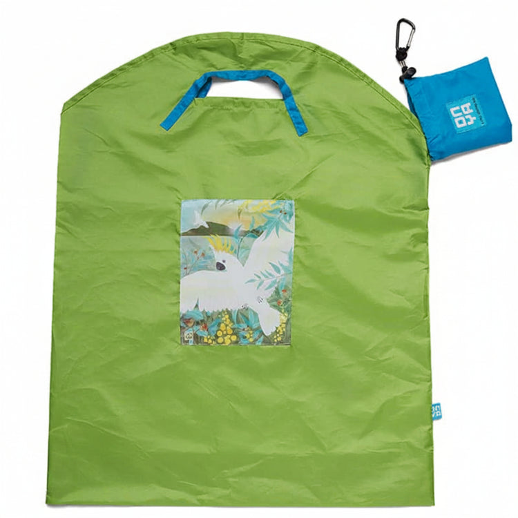 Onya reusable shopping bag with built in shoulder strap and checkout caddy loops next to its attached compact pouch on a clean white background, available in Australia in apple cockatoo large variant.