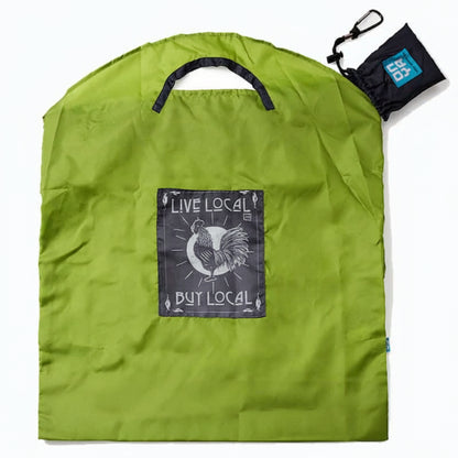 Onya reusable shopping bag with built in shoulder strap and checkout caddy loops next to its attached compact pouch on a clean white background, available in Australia in apple live local large variant.