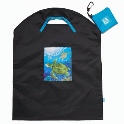 Onya reusable shopping bag with built in shoulder strap and checkout caddy loops next to its attached compact pouch on a clean white background, available in Australia in black sea turtle large variant.