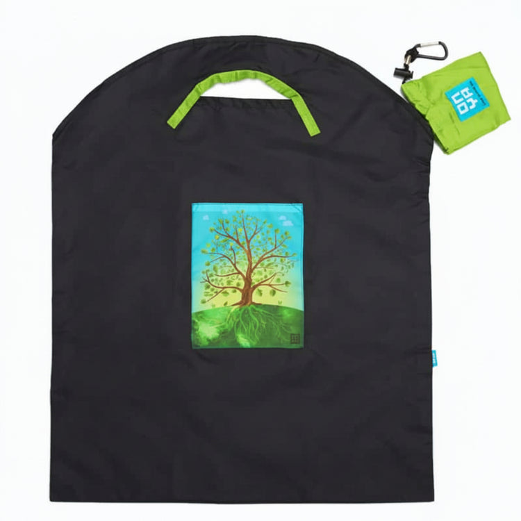 Onya reusable shopping bag with built in shoulder strap and checkout caddy loops next to its attached compact pouch on a clean white background, available in Australia in black tree of life large variant.