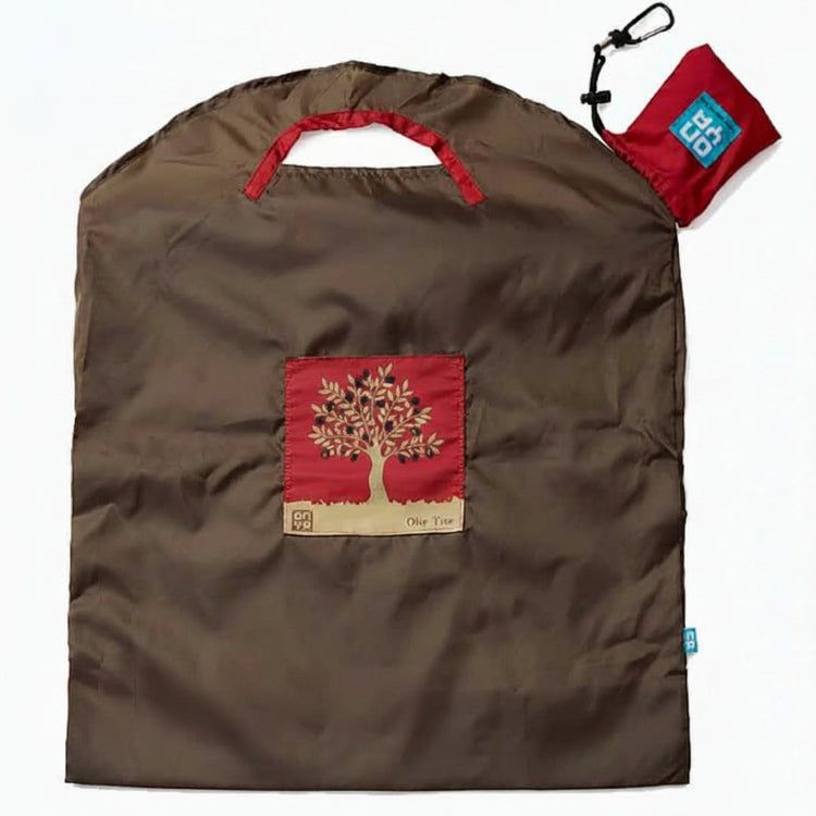 Onya reusable shopping bag with built in shoulder strap and checkout caddy loops next to its attached compact pouch on a clean white background, available in Australia in brown olive tree large variant.