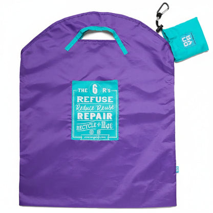Onya reusable shopping bag with built in shoulder strap and checkout caddy loops next to its attached compact pouch on a clean white background, available in Australia in purple 6R's large variant.
