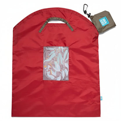 Onya reusable shopping bag with built in shoulder strap and checkout caddy loops next to its attached compact pouch on a clean white background, available in Australia in red dark leaves large variant.
