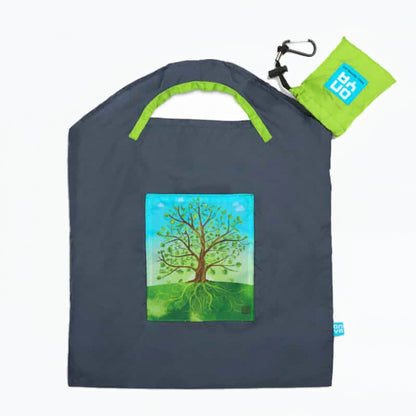 Onya reusable shopping bag with built in shoulder strap and checkout caddy loops next to its attached compact pouch on a clean white background, available in Australia in black tree of life small variant.