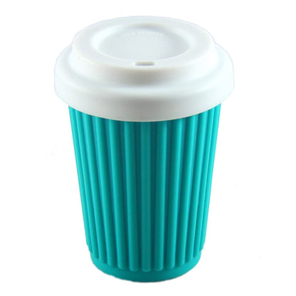 Single Onya reusable silicone coffee cup featuring an ergonomic travel lid and thick heat protective sleeve band on a clean white background, available in Australia in aqua.