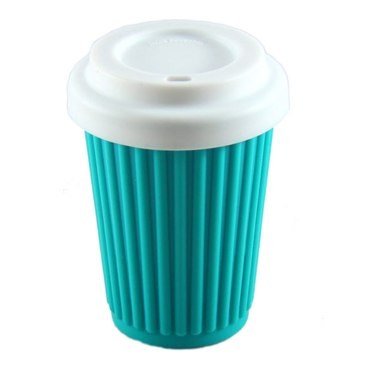 Single Onya reusable silicone coffee cup featuring an ergonomic travel lid and thick heat protective sleeve band on a clean white background, available in Australia in aqua.