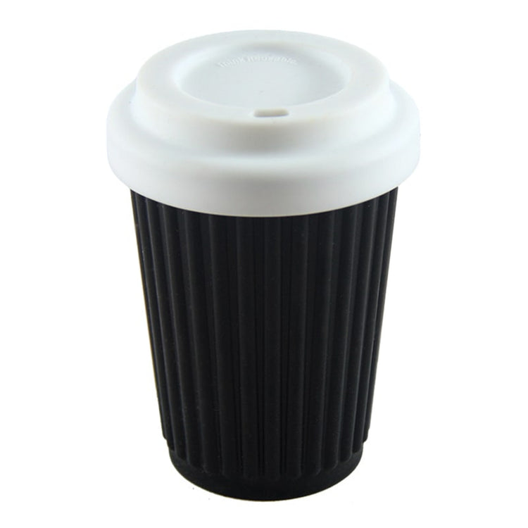 Single Onya reusable silicone coffee cup featuring an ergonomic travel lid and thick heat protective sleeve band on a clean white background, available in Australia in black.