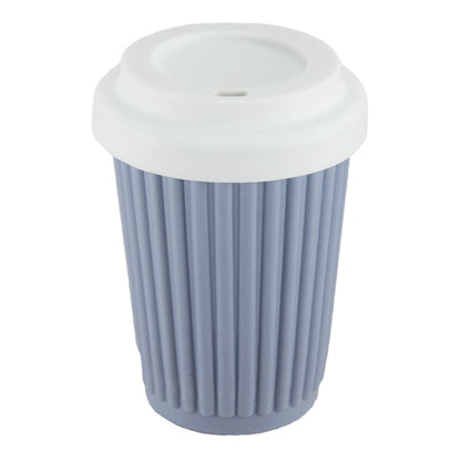 Single Onya reusable silicone coffee cup featuring an ergonomic travel lid and thick heat protective sleeve band on a clean white background, available in Australia in greyblue.