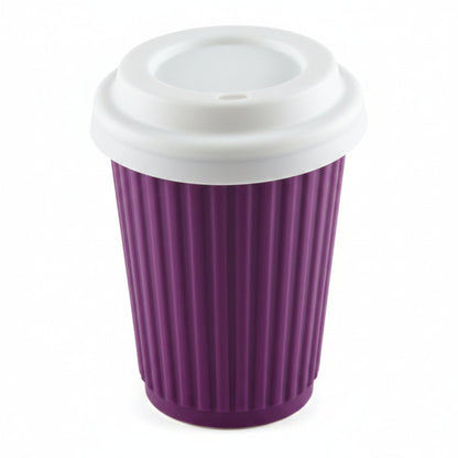 Single Onya reusable silicone coffee cup featuring an ergonomic travel lid and thick heat protective sleeve band on a clean white background, available in Australia in purple.