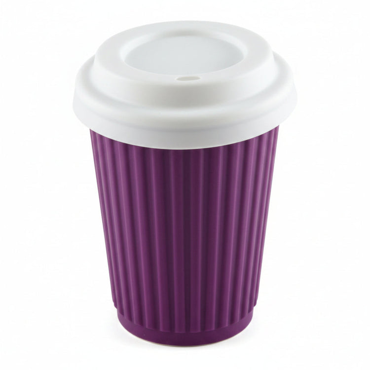 Single Onya reusable silicone coffee cup featuring an ergonomic travel lid and thick heat protective sleeve band on a clean white background, available in Australia in purple.