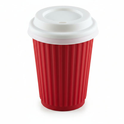 Single Onya reusable silicone coffee cup featuring an ergonomic travel lid and thick heat protective sleeve band on a clean white background, available in Australia in red.