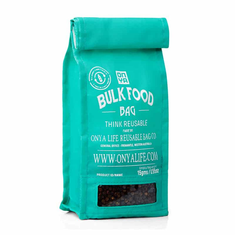 Single Onya small reusable bulk food bag with a clear viewing window and printed tare weight on a clean white background, available in Australia in aqua variant.