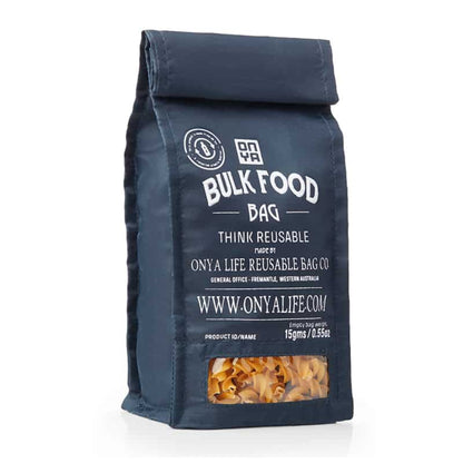 Single Onya small reusable bulk food bag with a clear viewing window and printed tare weight on a clean white background, available in Australia in charcoal variant.