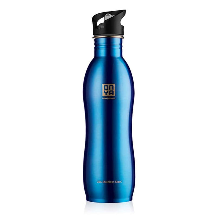 Single Onya stainless steel drink bottle with high flow flip and flow lid and ergonomic curved body design on a clean white background, available in Australia 1000ml blue variant.