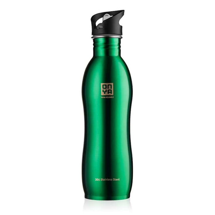 Single Onya stainless steel drink bottle with high flow flip and flow lid and ergonomic curved body design on a clean white background, available in Australia 1000ml green variant.