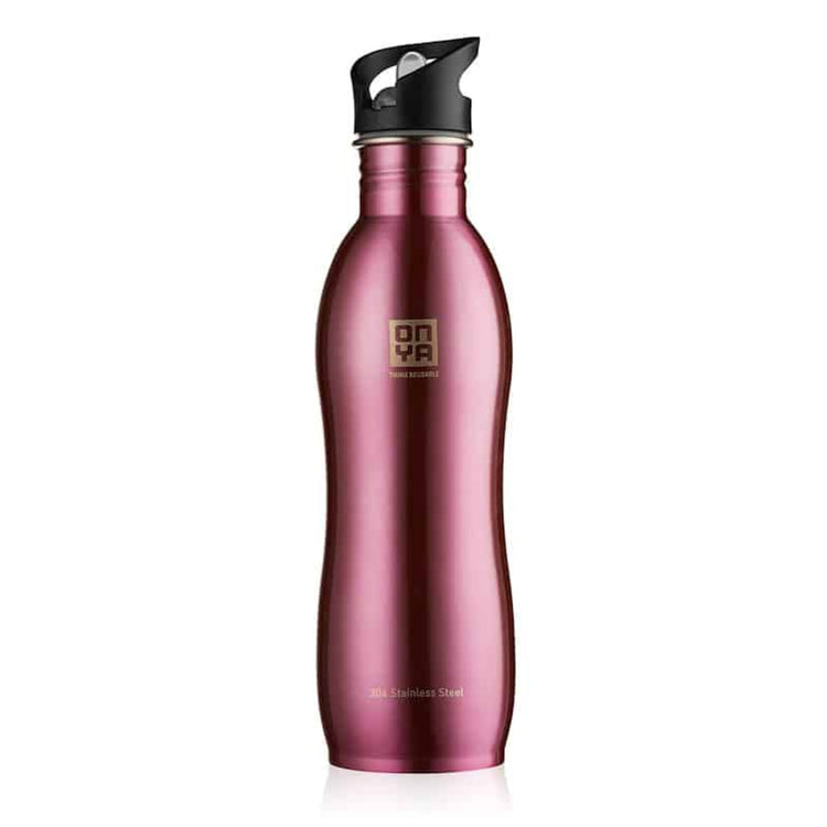 Single Onya stainless steel drink bottle with high flow flip and flow lid and ergonomic curved body design on a clean white background, available in Australia 1000ml pink variant.