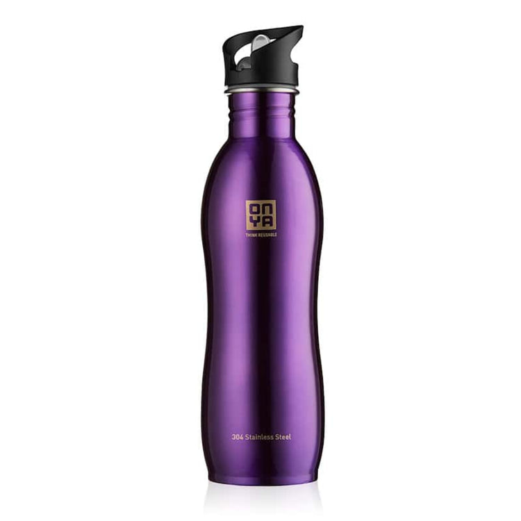 Single Onya stainless steel drink bottle with high flow flip and flow lid and ergonomic curved body design on a clean white background, available in Australia 1000ml purple variant.