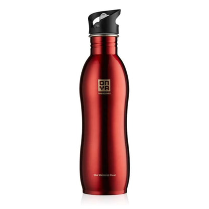 Single Onya stainless steel drink bottle with high flow flip and flow lid and ergonomic curved body design on a clean white background, available in Australia 1000ml red variant.