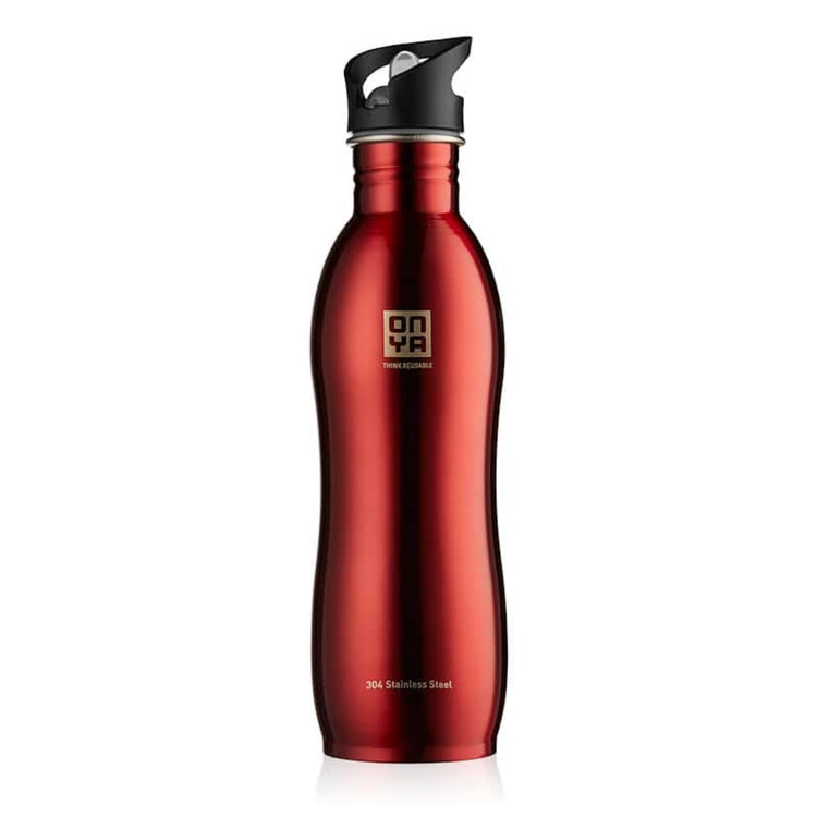 Single Onya stainless steel drink bottle with high flow flip and flow lid and ergonomic curved body design on a clean white background, available in Australia 1000ml red variant.