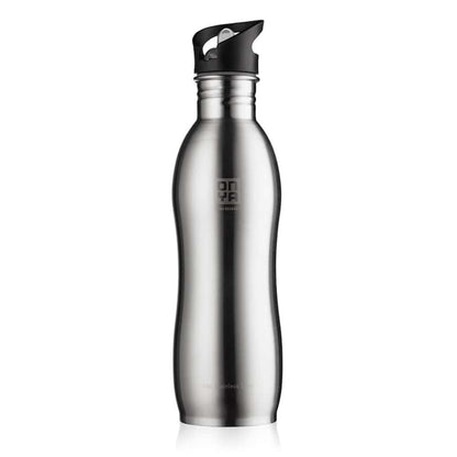 Single Onya stainless steel drink bottle with high flow flip and flow lid and ergonomic curved body design on a clean white background, available in Australia 1000ml stainless steel variant.