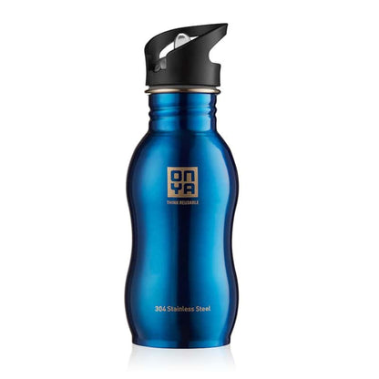 Single Onya stainless steel drink bottle with high flow flip and flow lid and ergonomic curved body design on a clean white background, available in Australia 500ml blue variant.