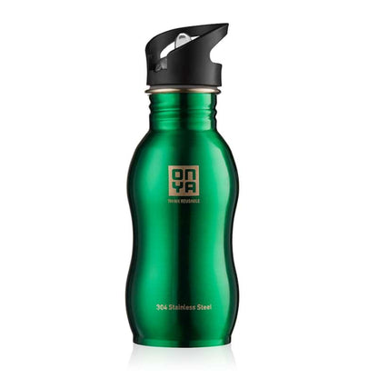 Single Onya stainless steel drink bottle with high flow flip and flow lid and ergonomic curved body design on a clean white background, available in Australia 500ml green variant.