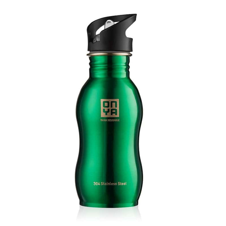 Single Onya stainless steel drink bottle with high flow flip and flow lid and ergonomic curved body design on a clean white background, available in Australia 500ml green variant.