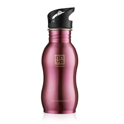 Single Onya stainless steel drink bottle with high flow flip and flow lid and ergonomic curved body design on a clean white background, available in Australia 500ml pnk variant.