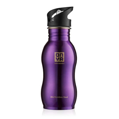 Single Onya stainless steel drink bottle with high flow flip and flow lid and ergonomic curved body design on a clean white background, available in Australia 500ml purple variant.