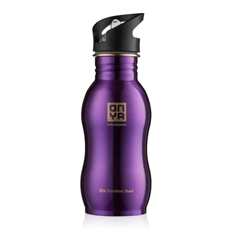 Single Onya stainless steel drink bottle with high flow flip and flow lid and ergonomic curved body design on a clean white background, available in Australia 500ml purple variant.