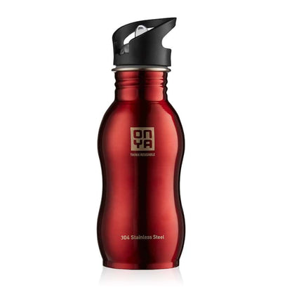 Single Onya stainless steel drink bottle with high flow flip and flow lid and ergonomic curved body design on a clean white background, available in Australia 500ml red variant.