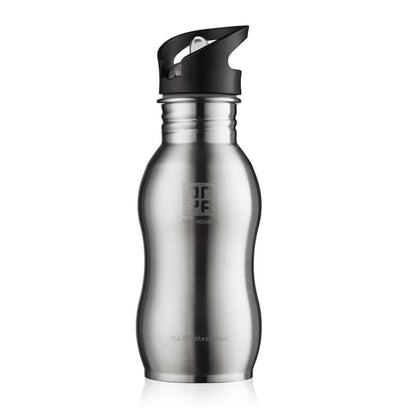 Single Onya stainless steel drink bottle with high flow flip and flow lid and ergonomic curved body design on a clean white background, available in Australia 500ml stainless steel variant.