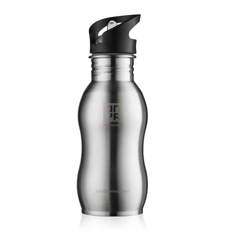 Single Onya stainless steel drink bottle with high flow flip and flow lid and ergonomic curved body design on a clean white background, available in Australia 500ml stainless steel variant.